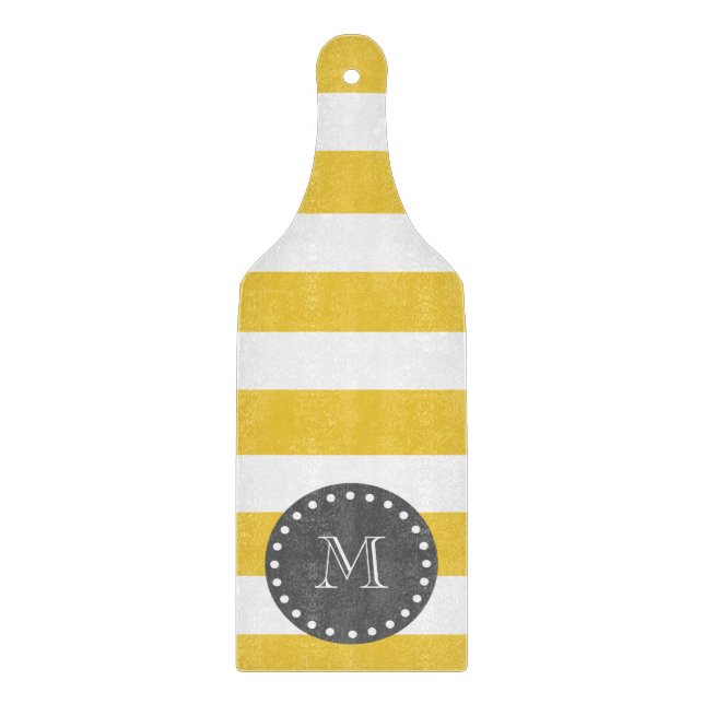 Yellow White Stripes Pattern, Charcoal Monogram Cutting Board (Front)