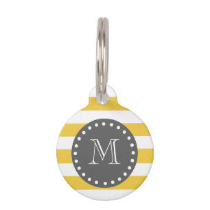 Yellow White Stripes Pattern, Charcoal Monogram Pet Tag