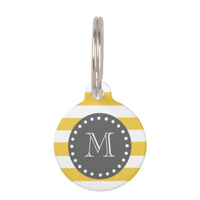Yellow White Stripes Pattern, Charcoal Monogram Pet Tag (Front)