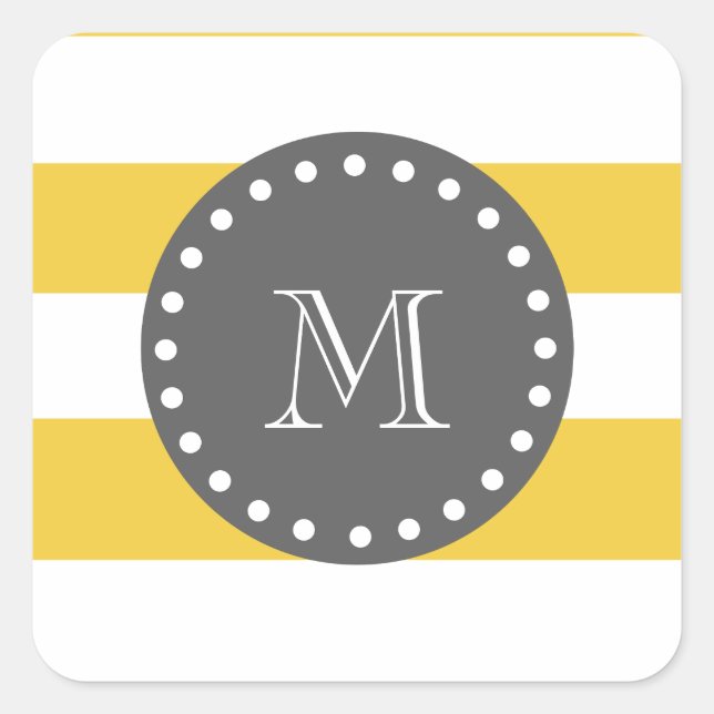 Yellow White Stripes Pattern, Charcoal Monogram Square Sticker (Front)