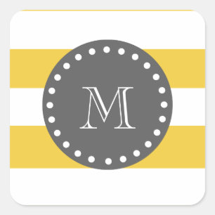 Yellow White Stripes Pattern, Charcoal Monogram Square Sticker