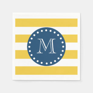 Yellow White Stripes Pattern, Navy Blue Monogram Napkin