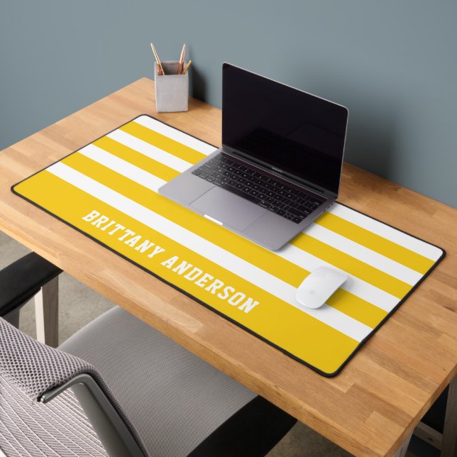 Yellow & White Stripes Pattern Personalised  Desk Mat (Office 2)