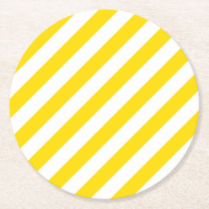 Yellow White Stripes Template Trend Colours Elegan Round Paper Coaster