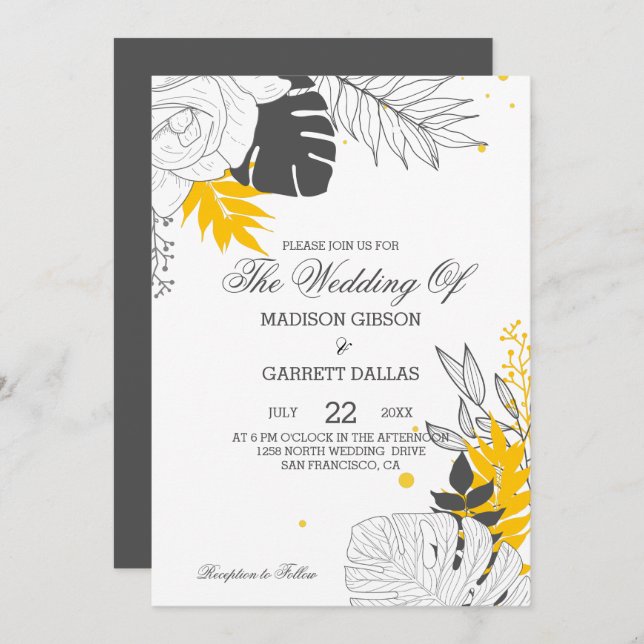 Yellow & White Tropical Leaves Wedding Invitation (Front/Back)
