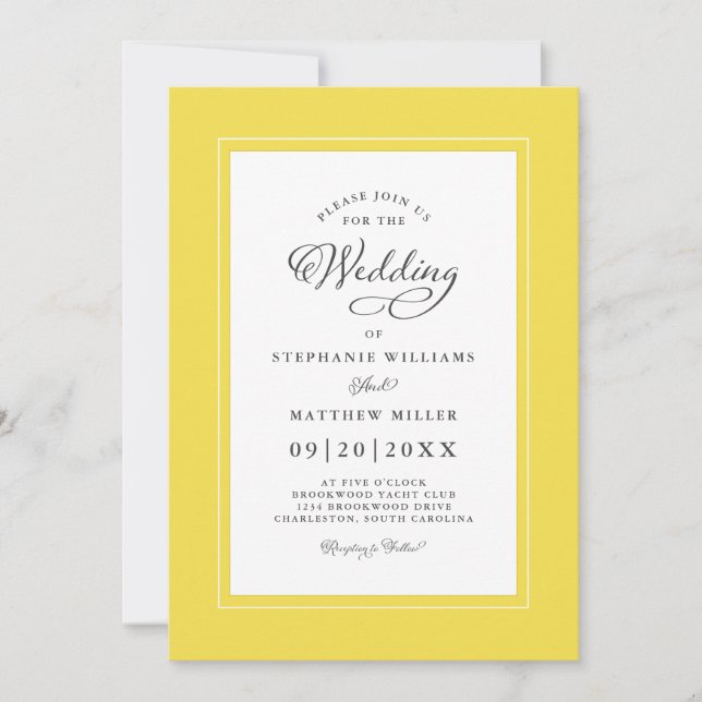 Yellow White Wedding Elegant Calligraphy Frame Invitation (Front)