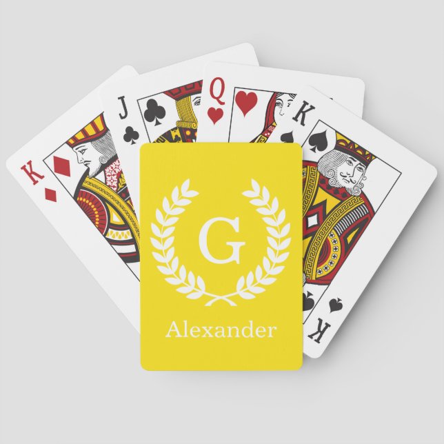 Yellow White Wheat Laurel Wreath Initial Monogram Playing Cards (Back)