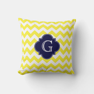 Yellow Wht Chevron Navy Blue Quatrefoil Monogram Cushion