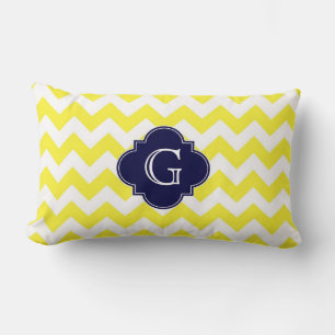 Yellow Wht Chevron Navy Blue Quatrefoil Monogram Lumbar Cushion