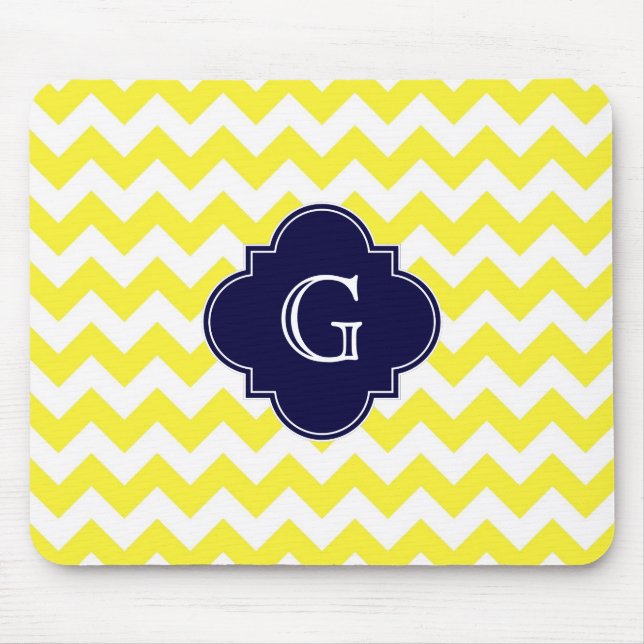 Yellow Wht Chevron Navy Blue Quatrefoil Monogram Mouse Pad (Front)