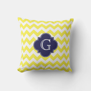 Yellow Wht Chevron Navy Blue Quatrefoil Monogram Outdoor Cushion