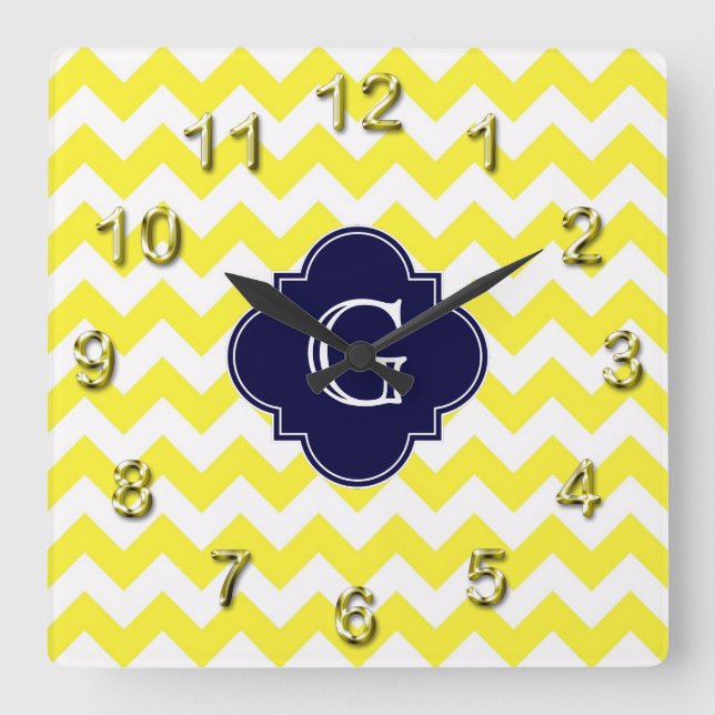 Yellow Wht Chevron Navy Blue Quatrefoil Monogram Square Wall Clock (Front)