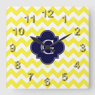 Yellow Wht Chevron Navy Blue Quatrefoil Monogram Square Wall Clock