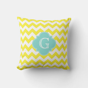 Yellow Wht Chevron Zigzag Aqua Quatrefoil Monogram Cushion