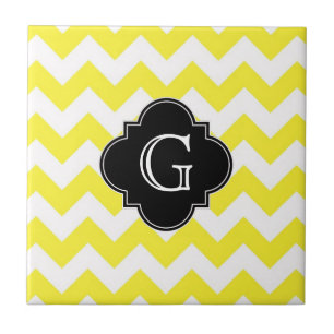 Yellow Wht Chevron ZigZag Blk Quatrefoil Monagram Tile