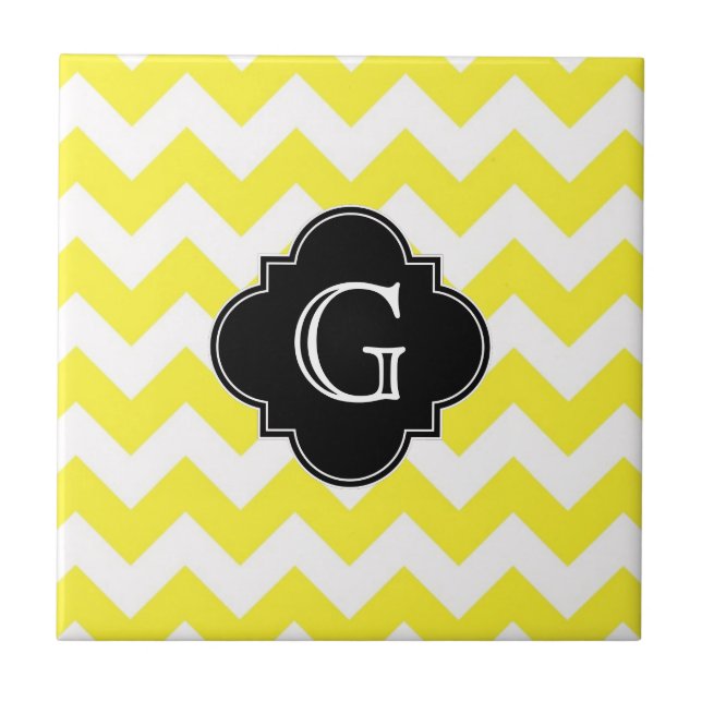 Yellow Wht Chevron ZigZag Blk Quatrefoil Monagram Tile (Front)
