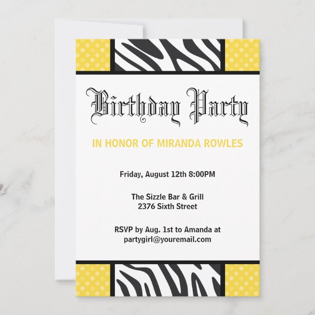 Yellow Wild Time Zebra Birthday Party Invitation (Front)