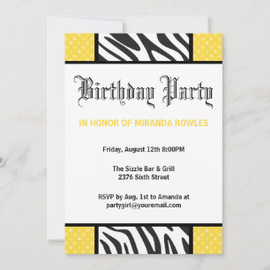Yellow Wild Time Zebra Birthday Party Invitation