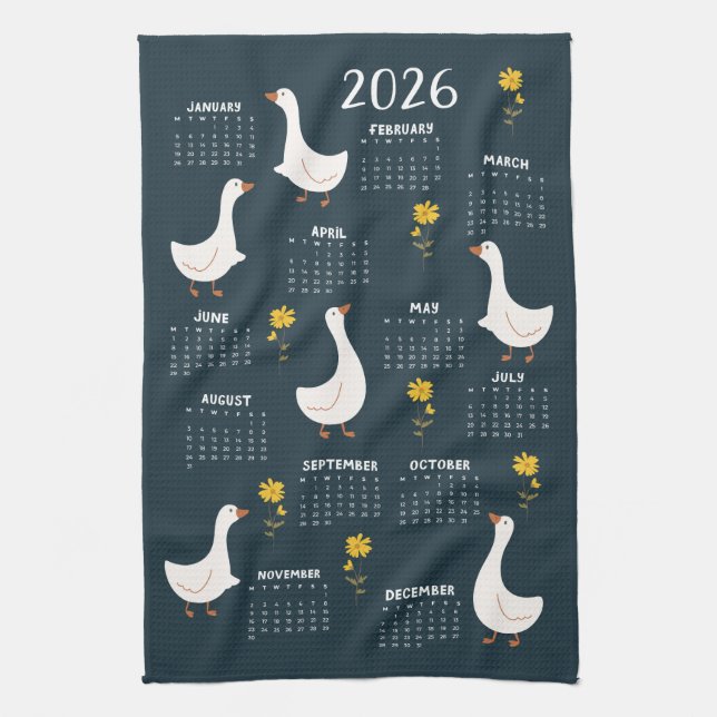 Yellow Wildflower and Goose 2026 Calendar - Navy Tea Towel (Vertical)