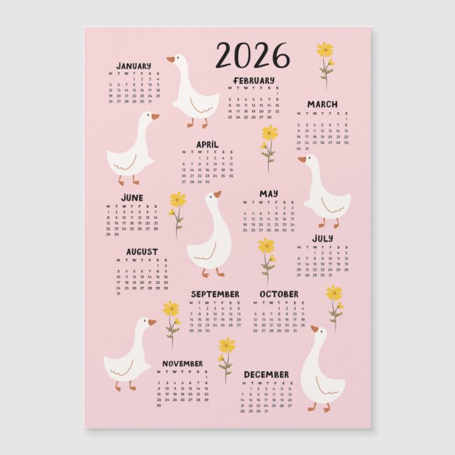 Yellow Wildflower and Goose 2026 Calendar - Pink (Front)