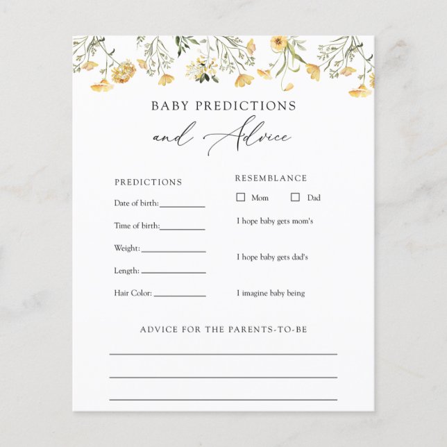 Yellow Wildflower Baby Advice and Predictions Card (Front)