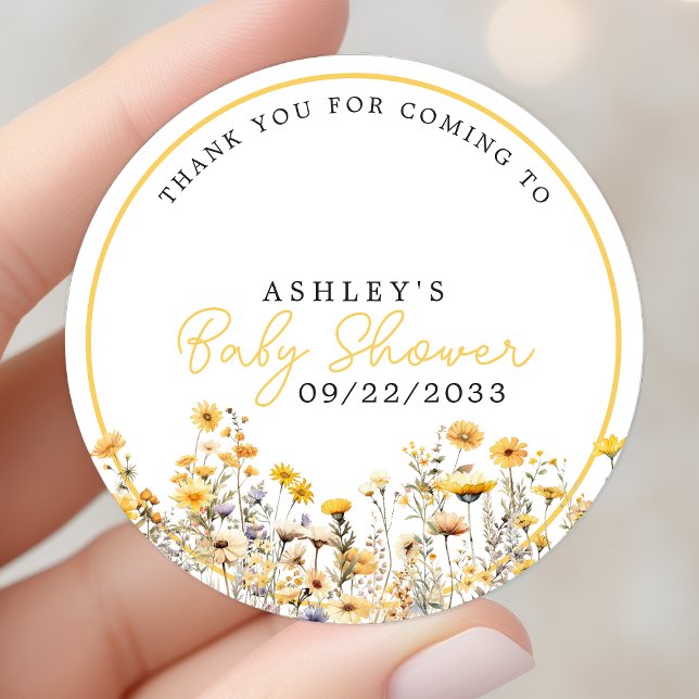 Yellow Wildflower Boho Baby Shower Thank You Classic Round Sticker (Creator Uploaded)