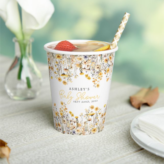 Yellow Wildflower Boho Watercolor Baby Shower Paper Cups (Insitu)