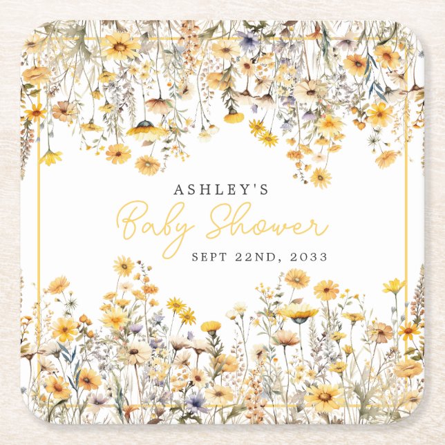 Yellow Wildflower Boho Watercolor Baby Shower Square Paper Coaster (Front)