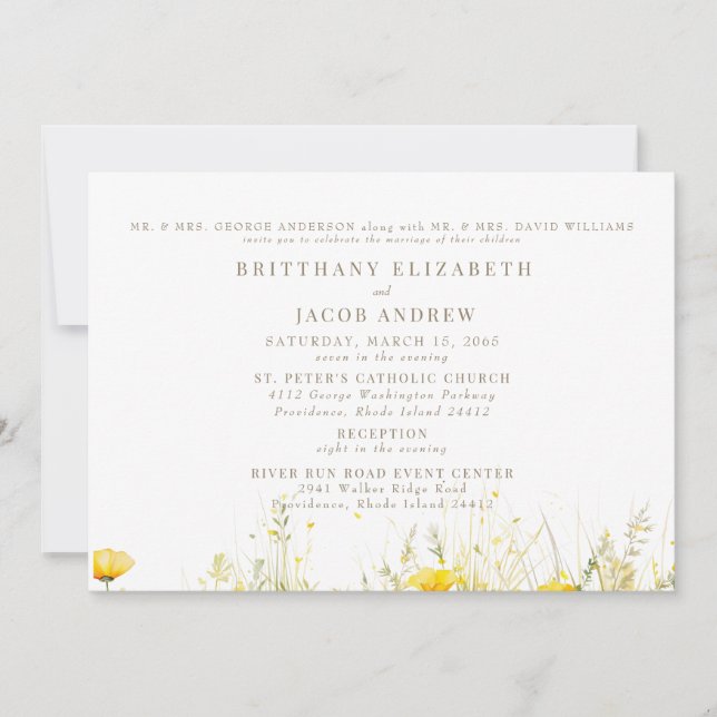 Yellow Wildflower Both Parents 2 Venue Wedding II Invitation (Front)