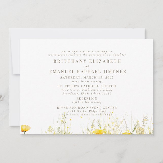 Yellow Wildflower Bride Parents 2 Venue Wedding II Invitation (Front)
