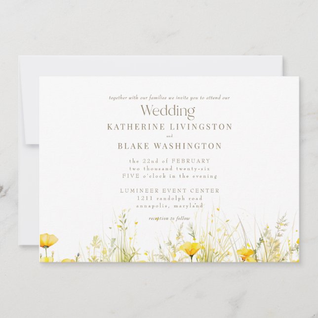 Yellow Wildflower Colourful Gold Text Wedding  Invitation (Front)