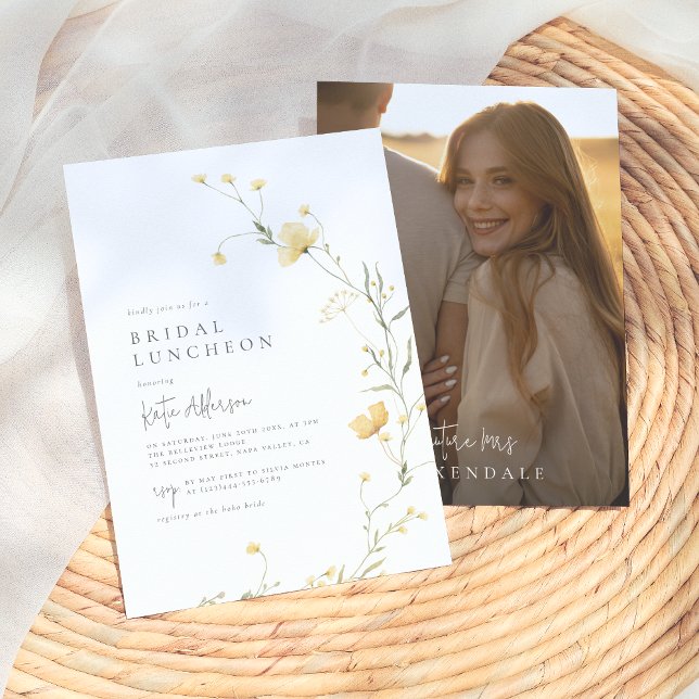 Yellow Wildflower Elegant Boho Bridal Shower Photo Invitation (Creator Uploaded)