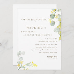 Yellow Wildflower Gold Text Eucalyptus Wedding Invitation