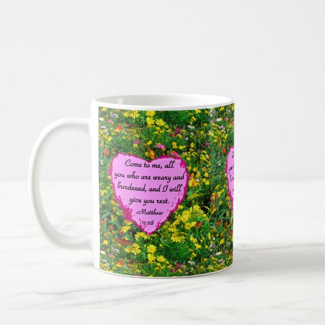 YELLOW WILDFLOWER MATTHEW 11:28 PHOTO DESIGN COFFEE MUG (Left)