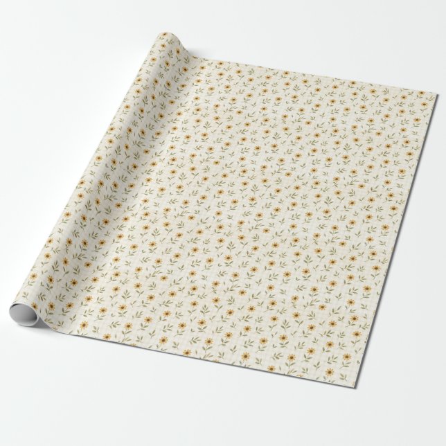 Yellow Wildflower Pattern on Warm Beige  Wrapping Paper (Unrolled)