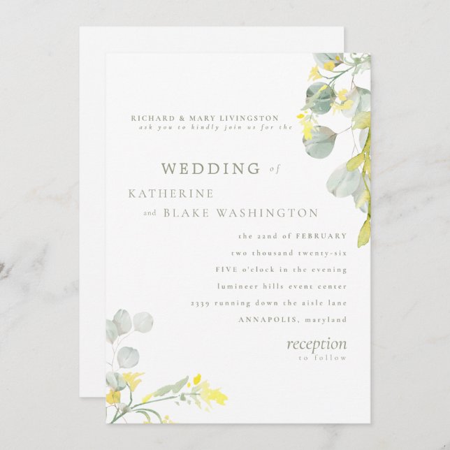 Yellow Wildflower & Sage Eucalyptus Wedding Invitation (Front/Back)
