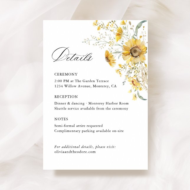 Yellow Wildflower Sunflower Wedding Details, Info Enclosure Card (Yellow sunflower wildflower wedding information details card, watercolor floral wedding stationery)