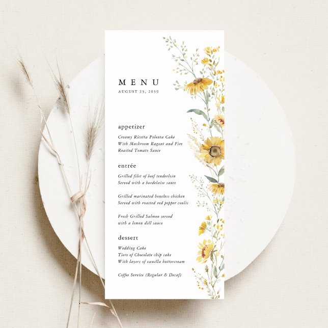 Yellow Wildflower Sunflower Wedding Reception Menu (yellow wildflower sunflower wedding menu card watercolor floral menu elegant wedding menu)