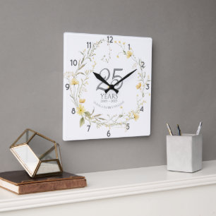 Yellow Wildflowers 25th Wedding Anniversary Square Wall Clock