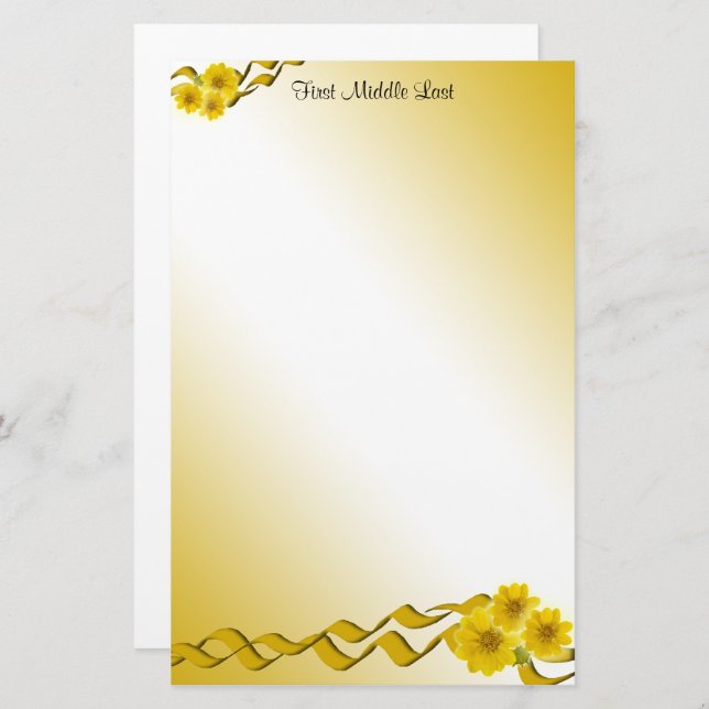 Yellow Wildflowers and Ribbons Borders Custom Stationery (Front/Back)