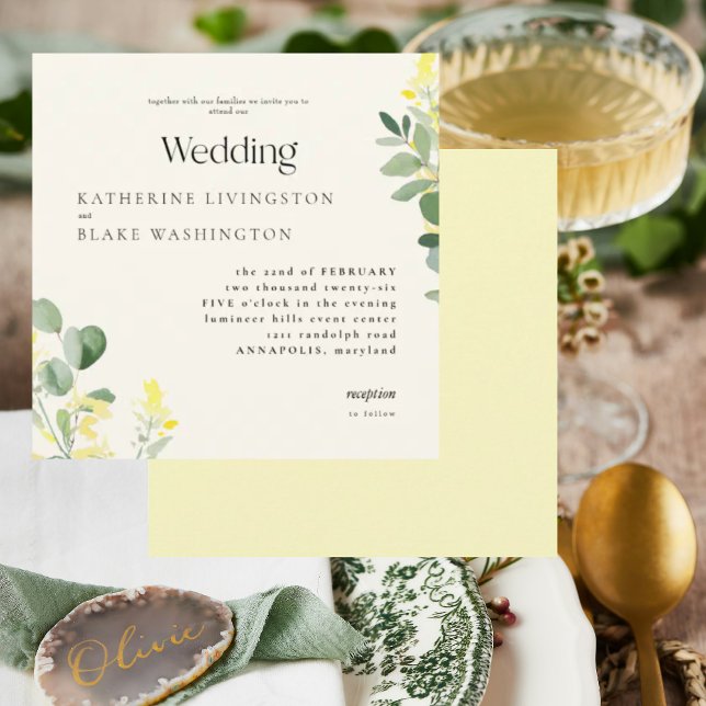 Yellow Wildflowers Eucalyptus Square Wedding Invitation (Creator Uploaded)
