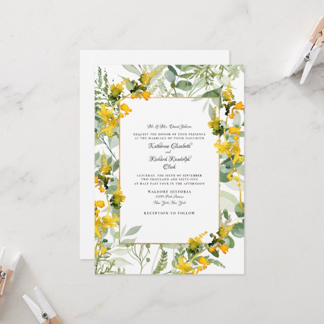 Yellow Wildflowers Foliage White Wedding  Invitation (Front/Back In Situ)