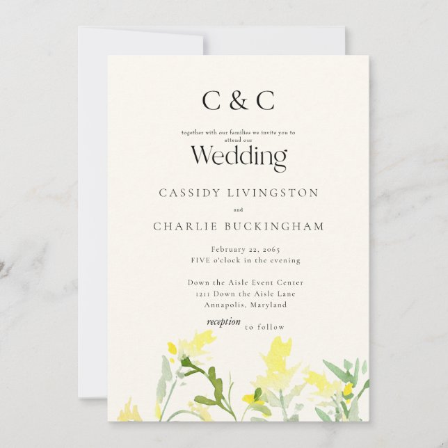 Yellow Wildflowers Monogram Cream Wedding Invitation (Front)