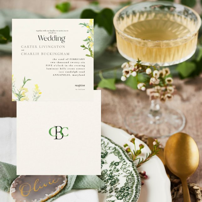 Yellow Wildflowers Monogram II Square Wedding Invitation (Creator Uploaded)