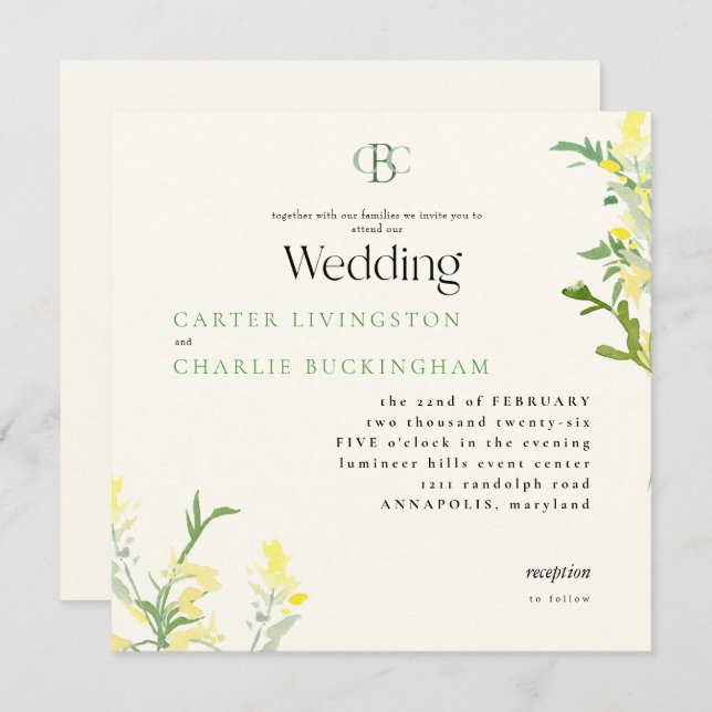 Yellow Wildflowers Monogram Square Wedding Invitation (Front/Back)