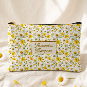 Yellow Wildflowers Pattern Monogram Name Accessory Pouch