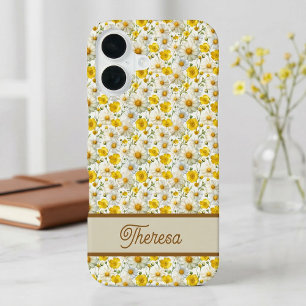 Yellow Wildflowers Pattern Monogram Name iPhone 16 Case