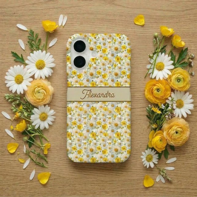 Yellow Wildflowers Pattern Monogram Name iPhone 16 Case (Creator Uploaded)