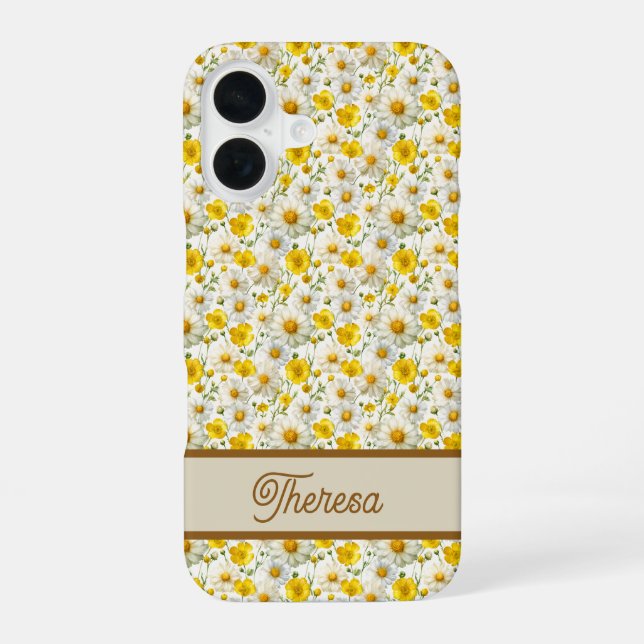 Yellow Wildflowers Pattern Monogram Name iPhone 16 Case (Back)