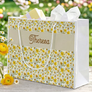 Yellow Wildflowers Pattern Monogram Name Large Gift Bag
